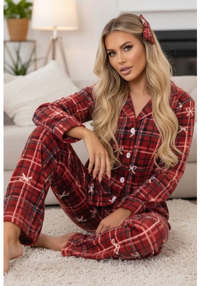 Siyah İnci Polar Kışlık Örme Pijama Takım Bordo