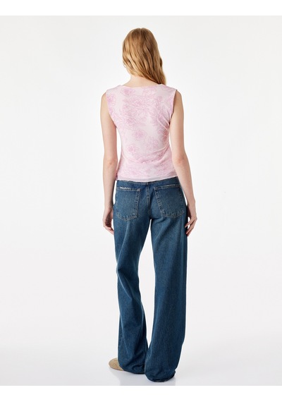 Koton Slim Fit Kruvaze Yaka Kolsuz Çiçekli Tül Bluz Pembe Desenli 7wal30012ık