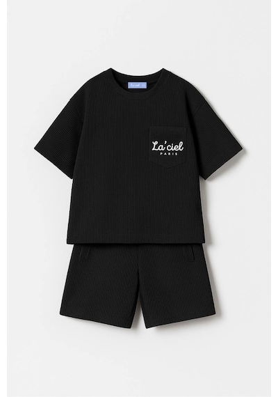 Miniko Kids Laciel Paris Baskılı Gofre Cep Detaylı Şortlu Pamuk Takım Siyah