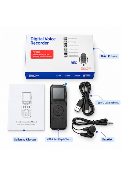 Ultratekno Kb65 32gb Pilli Dijital Ses Kayıt Cihazı, Ekranlı Wav Kaydedici, Ses Algılamalı Kayıt, Mp3 Çalar