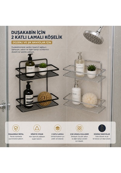 Leva House Lşo-2 Lamalı Metal Banyo Rafı - 2 Katlı Dikdörtgen Duşakabin Şampuanlığı Siyah- 12'li Paket Diğer