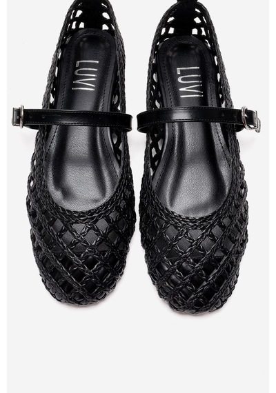 Luvishoes Doux Siyah Örgü Dokulu Bant Detaylı Kadın Babet Ayakkabı Siyah