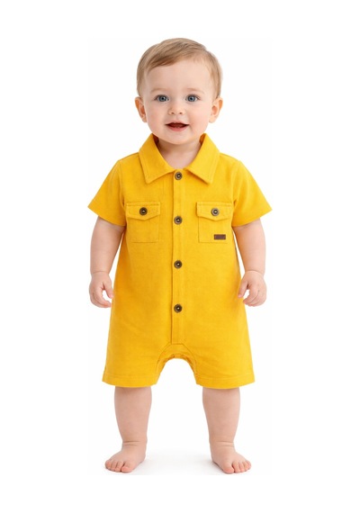 Erkek Bebek Düğmeli Yakalı Tulum %100 Pamuk Bebek Tulum Sarı