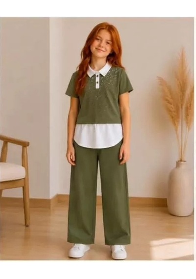 Veraura Lifestyle 9/16 Yaş Oysho Penye Taşlı Çocuk Takımı Yeşil