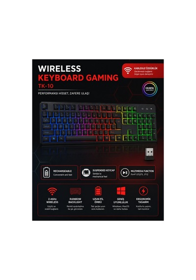 Tk-10 Şarjlı Led Işıklı Kablosuz Oyuncu Klavyesi 2.4 Ghz Usb Wireless Nefes Modlu Mekanik Klavye