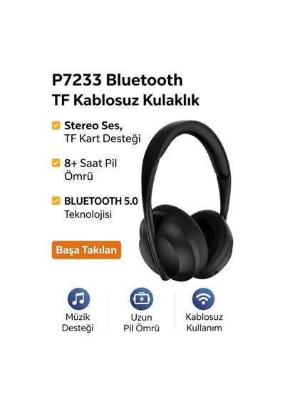 Kulak Üstü Kablosuz Uyumlu Bluetooth Kulaklık Stereo Gürültü Önleyici Katlanabilir Dahili Mikrofon Siyah - 586749383