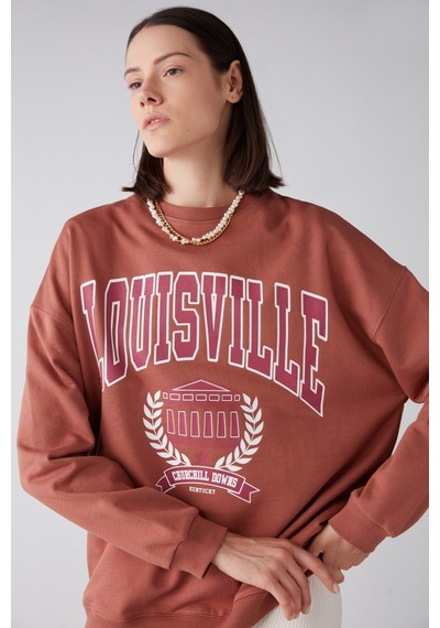 ETHIQUET RA ONA Kadın Oversize Yumuşacık İçi Polarlı Organik Pamuklu Baskılı Yuvarlak Yakalı Kiremit Rengi Sweatshirt