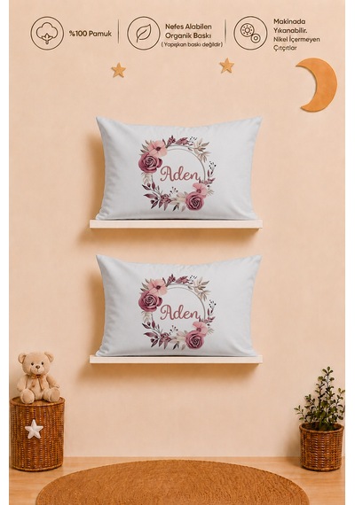 İsme Özel Kız Bebek 2'li Yastık Kılıfı 35x45 Cm %100 Pamuk Organik Baskılı İsimli Bebek Hediyesi 1006y2