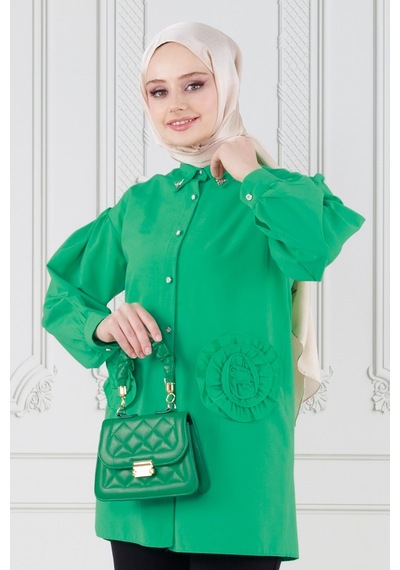 Sevitli Önü Gül Detaylı Tunik-yeşil-3634-yeşil Yeşil