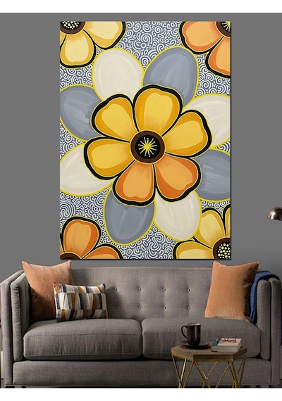 Ahşap Tablo Sarı Çiçekli Geometrik Desen