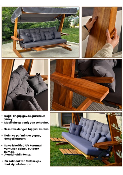 Luna Deluxe 2600 Iroko Beş Kişilik Yatak Olma Ve Ayak Uzatma Sehpalı Ahşap Bahçe Salıncağı Antrasit Minder Seti Dahil Antrasit
