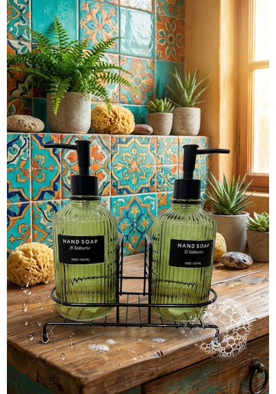 Makri Home Modern Çizgili Yuvarlak Cam Ikili Sıvı Sabunluk & Deterjanlık Seti, Yeşil- 500 Ml Cam Sabunluk