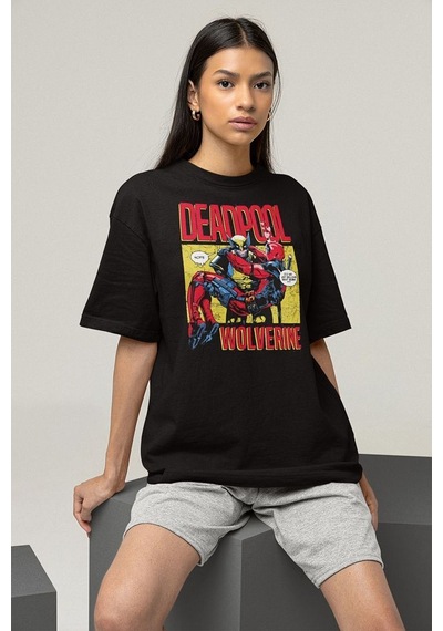 Marvel Wolverine X Deadpool Baskılı Unisex Tişört, Oversize Film Siyah