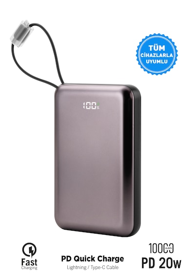 10.000 Mah Kablolu Pd Quick Mini Electronic Painting Powerbank Taşınabilir Sarj Cihazı Açık Gri