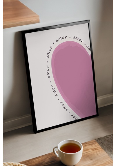 Pembe Kalp Doğal Ahşap Çerçeveli Poster, Dekoratif Hediyelik Duvar Tablosu