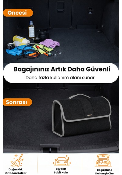 Oto Bagaj Organizer Bagaj Çantası L Boy Kaymaz Cırt Bantlı Velur Kompakt - Siyah Gri