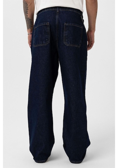 Vamos Pileli Zincir Detaylı Baggy Jean Koyu Mavi