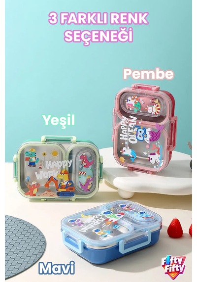 Vagonlife Bento 600ml Tek Katlı 2 Bölmeli Paslanmaz Çelik Sefer Tası - Yeşil Çok Renkli