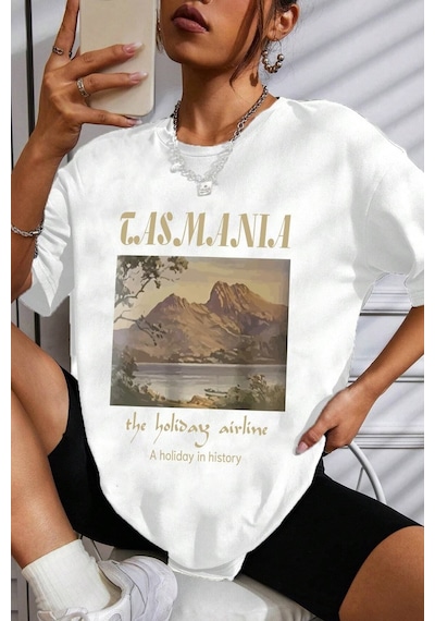 Unisex Tasmania Baskılı Tasarım Tshirt Beyaz