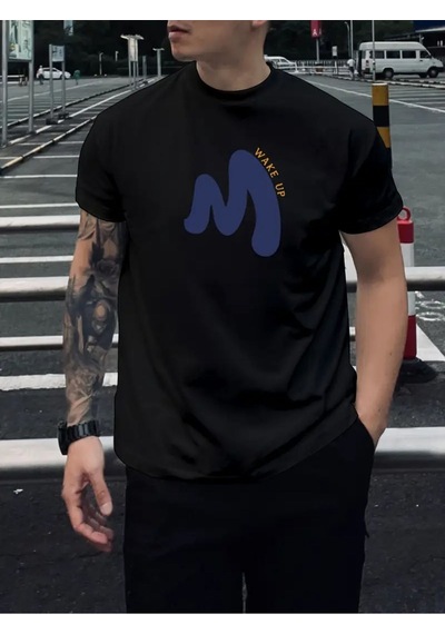Unisex Pamuklu Wake Up Ön Baskılı Tasarım Tshirt SIYAH