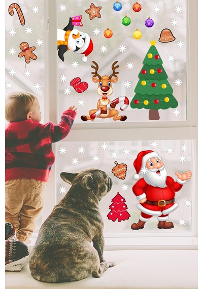 Yılbaşı Sticker Noel Baba Penguen Geyik Yılbaşı Ağacı ve Kar Taneleri