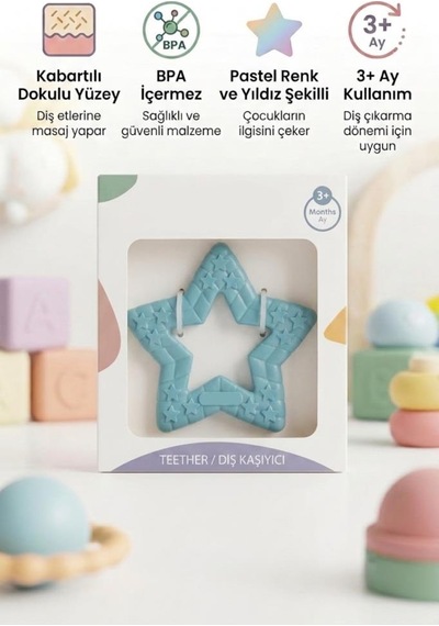 Yıldız Şekilli Esnek Bpa İçermeyen Kabartılı Pastel Renkli Oyuncak Bebek Diş Kaşıyıcısı Turkuaz