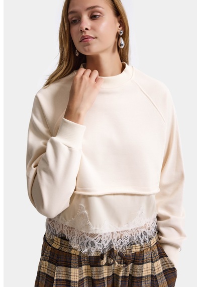 Kadın Bej W6-105 Dantel Detaylı Bol Kesim Tasarım Sweatshirt