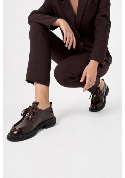 Luvishoes Luvi Shoes Band Bordo Kırışık Rugan Hakiki Deri Bağcıklı Kadın Loafer Ayakkabı Bordo