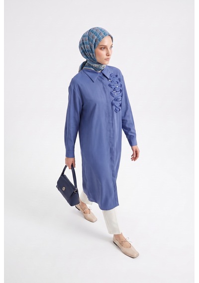 Armine Trend Gizli Patlı Tam Boy Düğmeli Gömlek Yaka 120 Cm Boy Tunik İndigo 26yt417