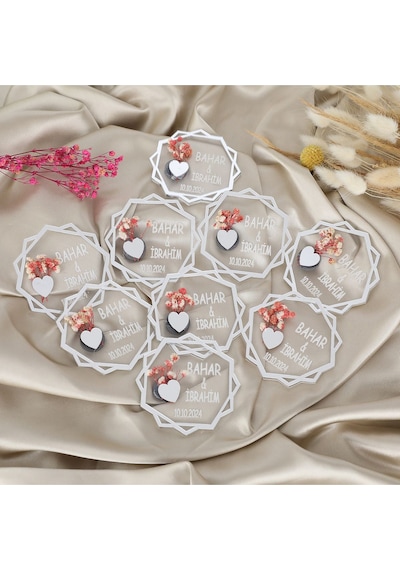 10 Lu Kişiye Özel Akrilik Magnet Nikah Şekeri - Gümüş Detaylı Çiçekli Tasarım