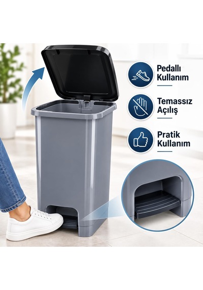 Tr 60 L Slim Pedallı Çöp Kovası, Dar Alanlara Uygun İnce Tasarım Çöp Kutusu, Kapaklı Plastik Atık Kovası, Mut