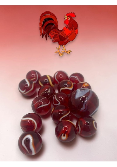 Rooster Kırmızı Desenli Cam Misket Seti