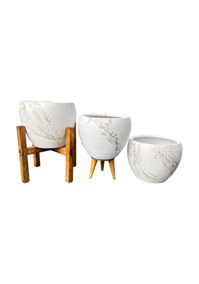 BİTKİ TASARIMI EV DEKORASYON BEYAZ ÜZERİ GOLD MERMER EFEKTLİ TOPRAK SAKSI SAKSILIK SALON ÇİÇEKLİK ÜÇLÜ SET - 15 CM