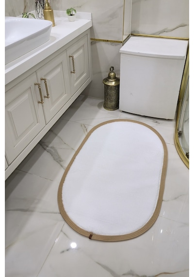 Kaymaz Taban Puffy Peluş Ultra Yumuşak 50x70 Cm Bordürlü Şık Tasarım, Suya Dayanıklı Banyo Paspası Beyaz-bej