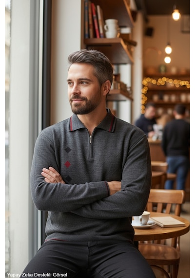 Kamalı Erkek Gri Tüylenme Yapmayan Standart Fit Normal Kesim Nakış Desen Polo Yaka Triko Kazak Kamalı Erkek Gri Tüylenme Yapmayan Standart Fit Normal Kesim Nakış Desen Polo Yaka Triko Kazak