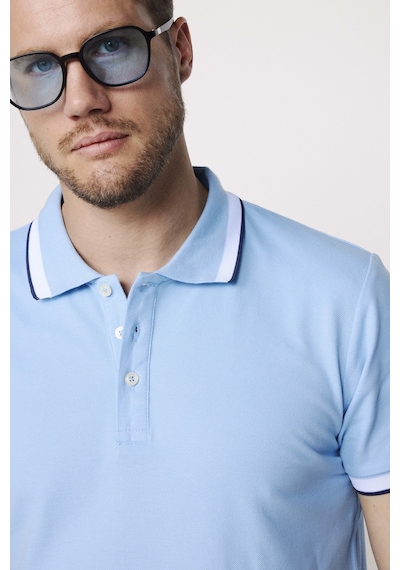 Tudors Erkek Polo Yaka Slim Fit Yaka Ve Kol Şeritli Pike Mavi Tişört-27798-Mavi