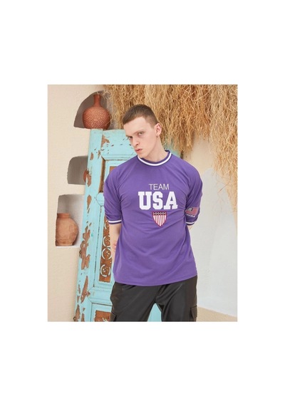 Erkek Bisiklet Yaka Tişört Nakış İşlemeli Kısa Kol Oversize T-shirt - Mor