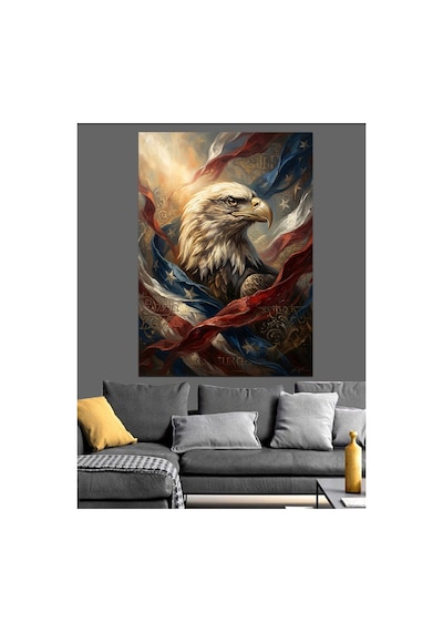 Amerikan Bayraklı Vakur Kartal Başı Yağlı Boya Dokulu Kanvas Tablo Canvas Tablosu