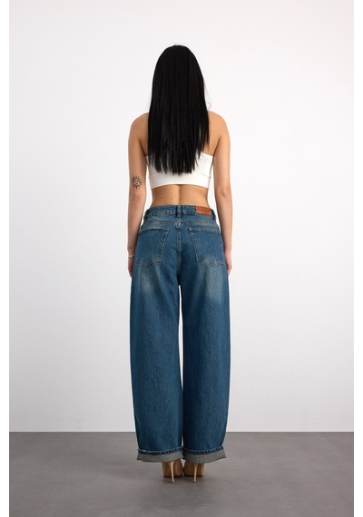 24350-73607 Kadın Baggy Fold Up Mıd Rıse Regular Denim Pantolon 24350-73607 Mavi - Siyah
