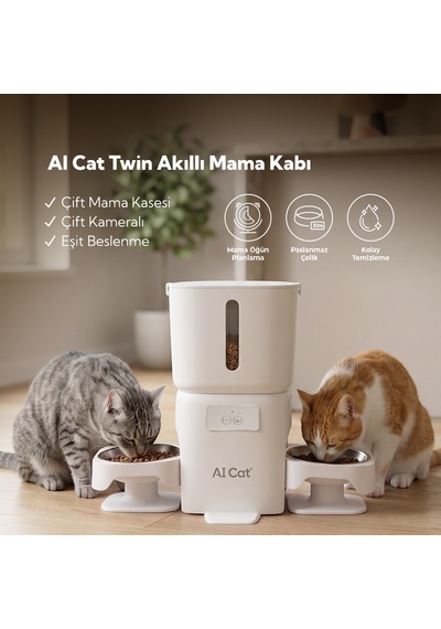 Aı Cat Twin Otomatik Mama Kabı Çift Kameralı Sesli Etkileşimli 2 Kaseli Kedi & Köpek Mama Dağıtıcı