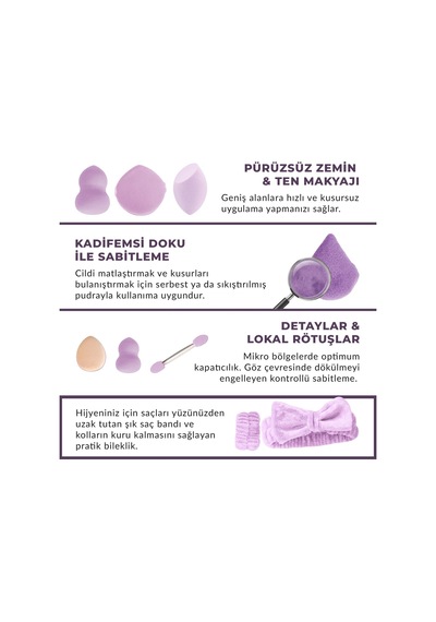 Amour Amour 15 Parça Profesyonel Makyaj Hazırlık & Sünger Seti Mor - Saç Bandı, Bileklik, Sünger, Puf Ve Aplikatörler