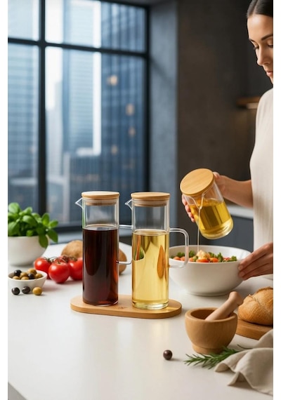 3 Parça 400 Ml Borosilikat Yağlık - Bambu Altlık Ve 2 Adet Bambu Kapaklı Cam Yağdanlık Saydam Cam