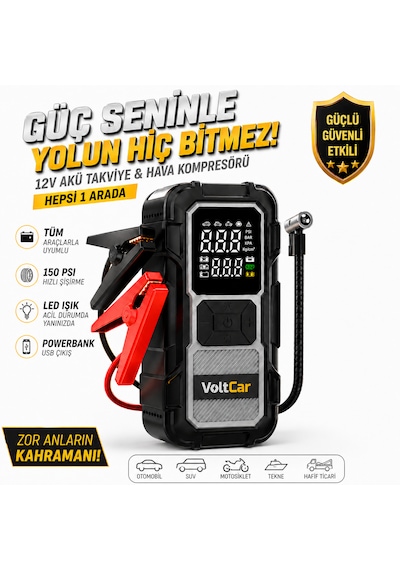 Voltcar Akü Takviye Cihazı Akıllı Araç Lastik Şişirme Kompresörü Powerbank Dijital Ekranlı Taşınabilir Hava Pompası