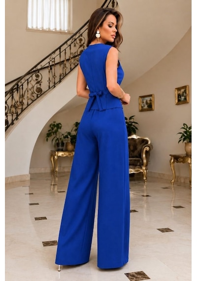 Kadın Askılı Önden Düğmeli Bluz Ve Pantolon Keten Ikili Takım Mavi