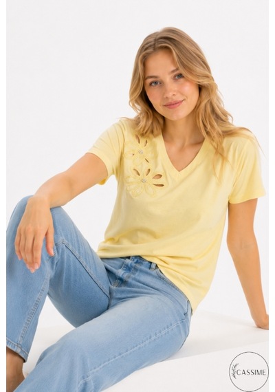 Cassime Kadın Sarı %100 Pamuk Regular/normal Kalıp Çiçek Nakışlı Örme T-shirt