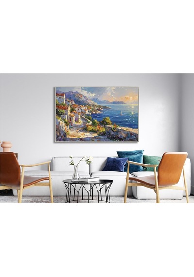 Yağlı Boya Dokulu Tablo Modern Spatula Akdeniz Evleri Manzarası Gümüş Çerçeveli U06039-179004