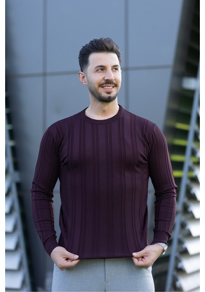 Hk Premium Kazak Fitilli Bisiklet Yaka Slim Fit Triko Bordo