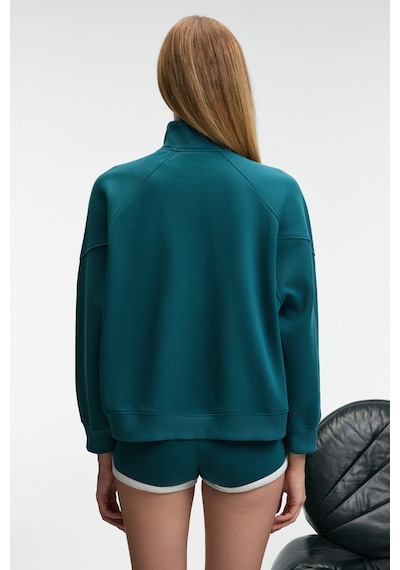 Grimelange Tormenta Kadın Nakışlı Fermuarlı Dik Yaka Çift Cepli Reglan Kol Koyu Turkuaz Sweatshirt Koyu Turkuaz