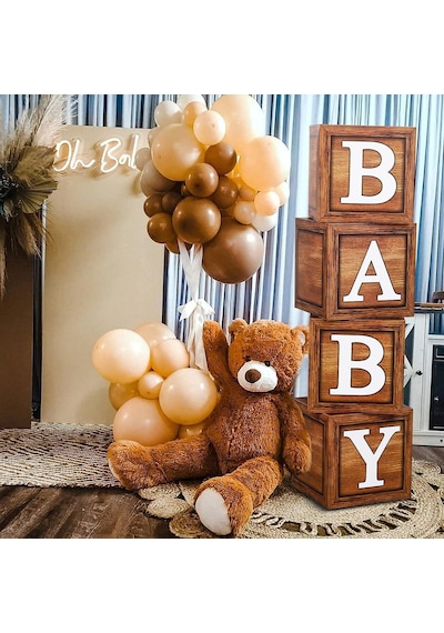Baby Yazılı Ahşap Damarlı Baby Shower Dekorasyon Kutu Set