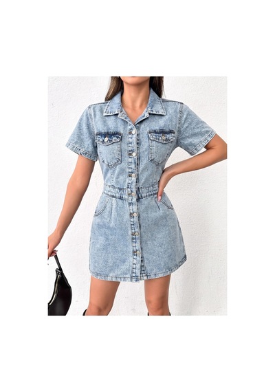 Kene Jeans Ön Arka Pensli Düğme Kapamalı Buz Kar Elbise Buz Kar